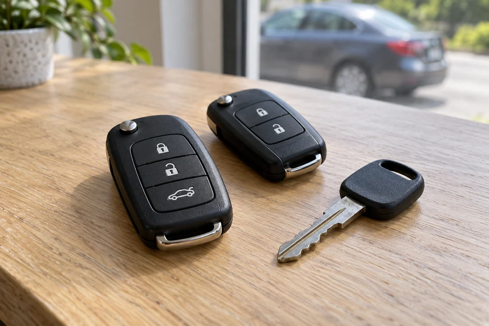 Two car key fobs and a cut metal key on a light wood desk.