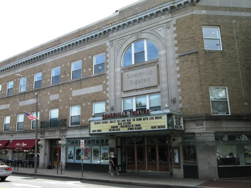 Somerville Theatre facade and marquee at Davis Square, photographed in 2017