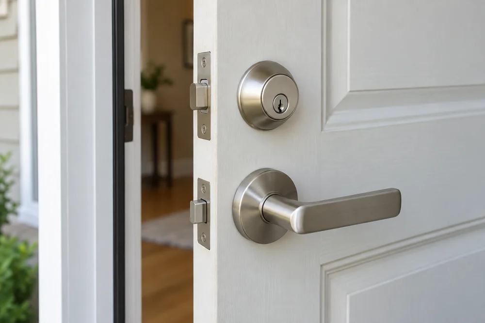 Satin nickel deadbolt and lever on a pale entrance door.