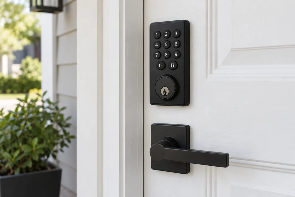 Matte-black keypad lock and lever on a white door.