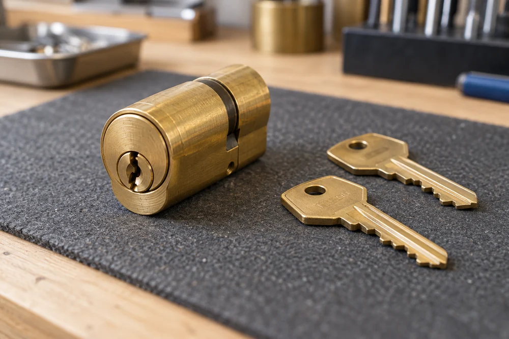 Brass lock cylinder and two household keys on a workbench.