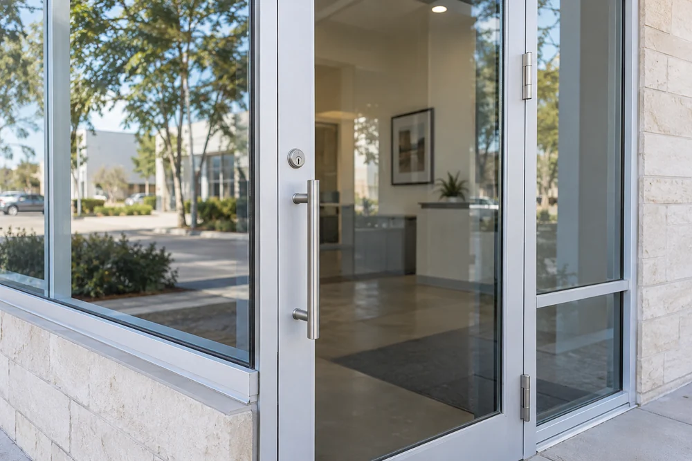 Glass storefront door with a metal pull handle and keyed cylinder.